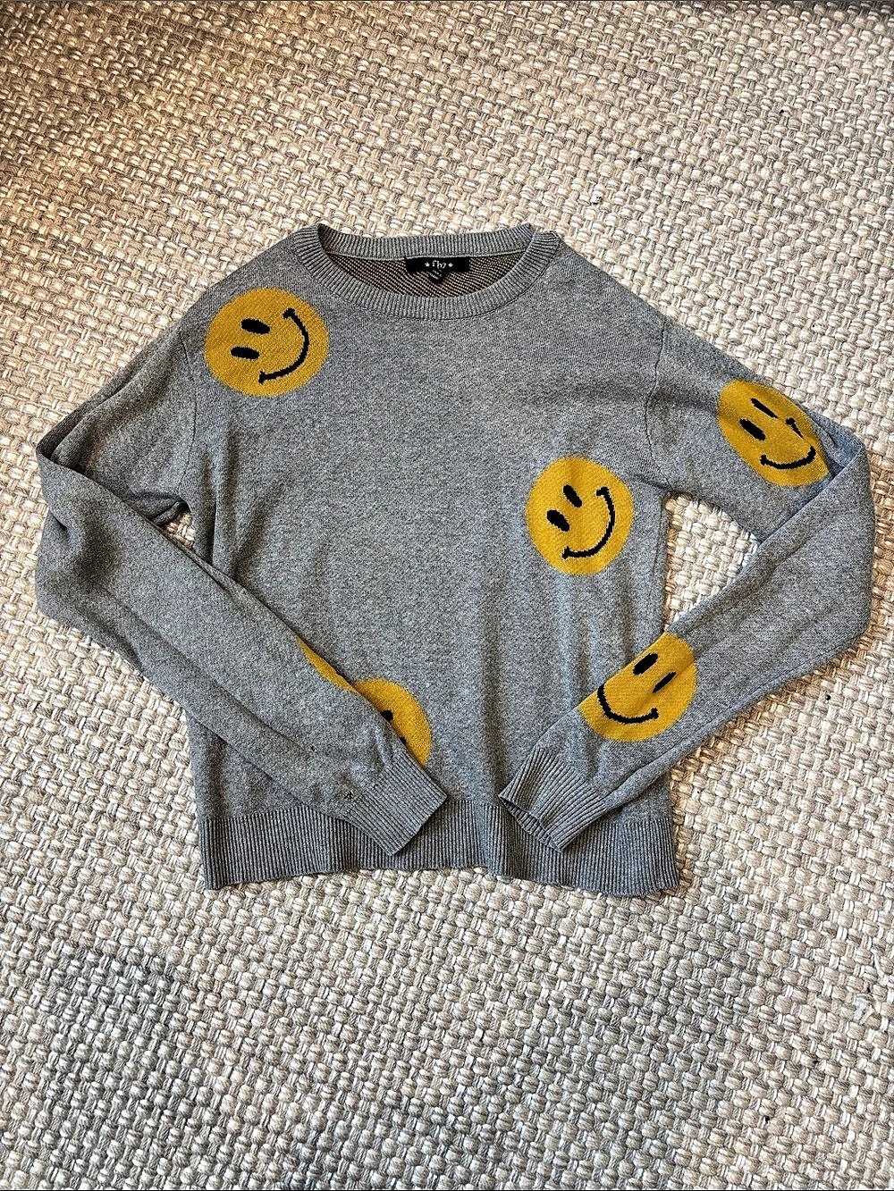 FBZ Smiley Face Crewneck Sweater in Gray & Yellow